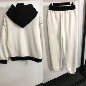 1101702060 Moterų naują erdvę medvilnės sportinis kostiumas ilgomis rankovėmis spalva-užblokuotas gobtuvu palaidinukė + elastinga raišteliu juosmens nėriniai-