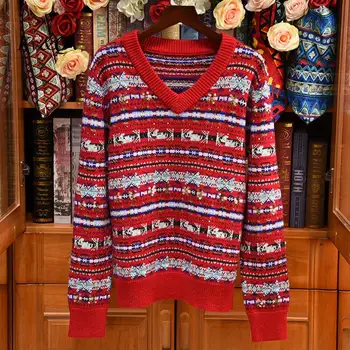 2022 Naujųjų Metų Kalėdų Džemperis Moterims Sunkiosios Pramonės China Siuvinėjimo Dryžuotas V-Kaklo, Ilgomis Rankovėmis Kašmyro Megztinių Prarasti Viršų