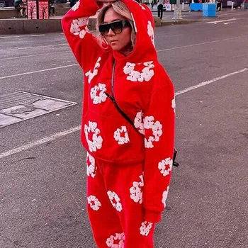 2023 m palaidinukė Nauja Harajuku Raudona gėlių hoodie trimatis putų spausdinti gatvės vyrai moterys atsitiktinis palaidų plius y2k Hoodie viršų