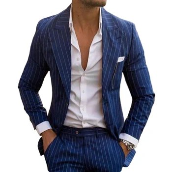 2023 Mėlynos spalvos vyriški Pinstripe Kostiumai Dviejų dalių Pinstripe Tuxedos Slim Fit Pasiekė Atvartas Groomsmen Tinka Vestuvių (Švarkas+Kelnės)