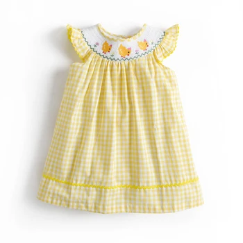 2024 M. Vasaros Baby Girl Pledas Geltona Suknelė Vaikams, Cartoon Jauniklį Siuvinėjimo Raukiniais Suknelės Vaikams Boutique Frocks Dizaino Sundress