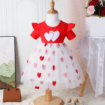3M-2Y Valentino Diena Naujagimiui Bamblys Baby Girl Dress Širdies Siuvinėjimo Trumpas Rankovės Tutu Šalis Suknelės Mergina Tiulio Suknelė