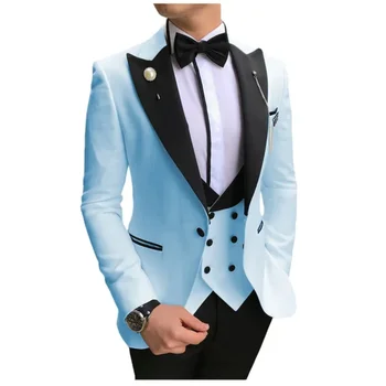 Baby Blue Vyrų Kostiumai 3 Gabalus Kostiumas Spalvinga Slim Fit Verslo Kostiumai, Jaunikis Tuxedos Formalios Vestuvių kostiumas (Švarkas+Kelnės+Liemenė)