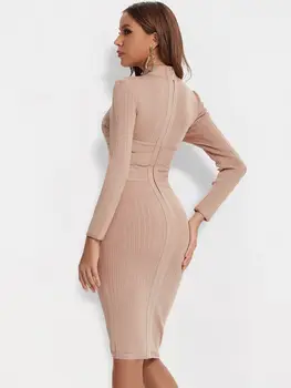 BEAUKEY Aukštos Kokybės Chaki ilgomis Rankovėmis Tvarstis Suknelė 2023 Moterims Slim Stora Juostelėmis Bodycon Midi Suknelė Vintage Vestidos XL