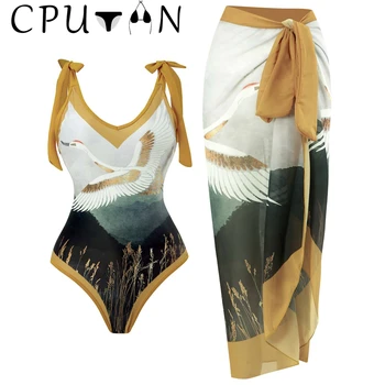 CPUTAN 2023 Derliaus Spausdinimo Gilia V Vienas Gabalas Bikini Padengti Iki Seksualus Paplūdimio Sijonas Ponios Push up Monokini Vasaros maudymosi kostiumėlį, Suknelę