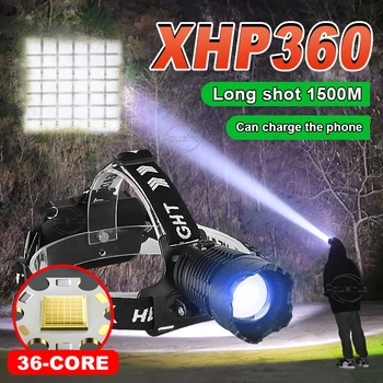 Didelės Galios Galvos Žibintuvėlis XHP360 Led Žibintai USB Įkrovimo Žvejybos priekinis žibintas Ultra Ryškus LED Maitinimo Banko Vadovas-sumontuoti Šviesos