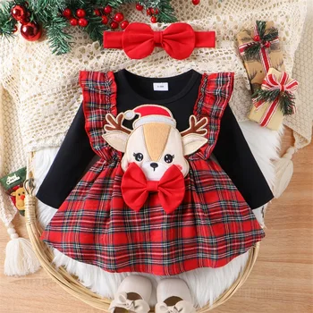 FOCUSNORM 0-24M Kūdikiui Baby Girl Kalėdų Dress 2vnt Pynimas ilgomis Rankovėmis Elnių Siuvinėjimo Pledas Spausdinti Suknelė su Lankelis