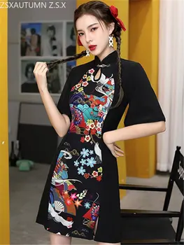 Kinų Stiliaus Mergina, Juoda Cheongsam Suknelė Mados Šiuolaikinės Modifikuotų Qipao Nacionalinės Tradicinis Apdaras Orientale Vestido Chino Moterims