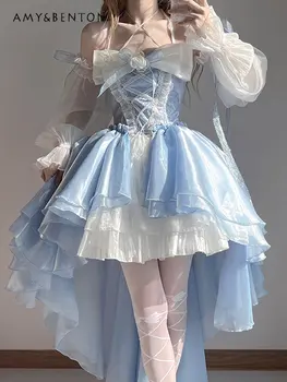 Mėlyna Lolita Dress Seksuali Apynasrio Nereguliarus Gėlių Vestuvių Sunkiosios Pramonės Saldus Didelis Lankas Gale Princesė Suknelė Moterims Vasaros Vestido