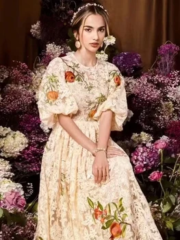 Princesė Prabangių Mados Pavasario Vasaros Naują Moterų Puošnus Gėlių Mergaičių Išsiuvinėti Midi Šalies Atsitiktinis Atostogų Aukštos Kokybės Suknelė