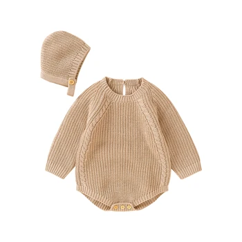 Rudenį Naujagimiui Kūdikių Mergaičių Megztiniai Romper Mielas Mielas Kūdikiui Baby Girl Solid Džemperis Jumpsuit Skrybėlę Komplektus Drabužius