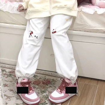 Sanrio Hello Kitty atsitiktinis baltos kelnės mergina pavasarį, rudenį moterų kelnes Japonijos mielas minkštas sporto laisvi pločio kojų Kelnės