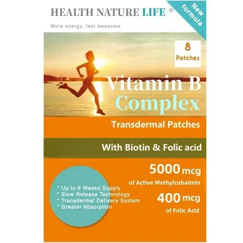 Vitaminų B Kompleksas, 8 Transderminiai Pleistrai B1, B2, B3, B5, B6, B12, D-Biotinas & Folio rūgštis, Made in USA, 8 Savaičių Tiekimo