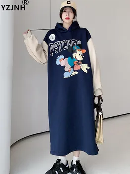 YZJNH 2023 Ruduo/Žiema Ilga Suknelė Moterų Pliušinis Sutirštės Kontrastas Animacinių filmų Spausdinti Gobtuvu Megztinis Hoodies Didelis Moterų Suknelė
