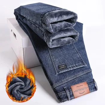 Žiemos Vilnos Storas Šiltas Jeans vyriški Slim Straight Elastinga Džinsinio audinio Kelnės Atsitiktinis Vyras Drabužių Mados Pliušinis Kelnės